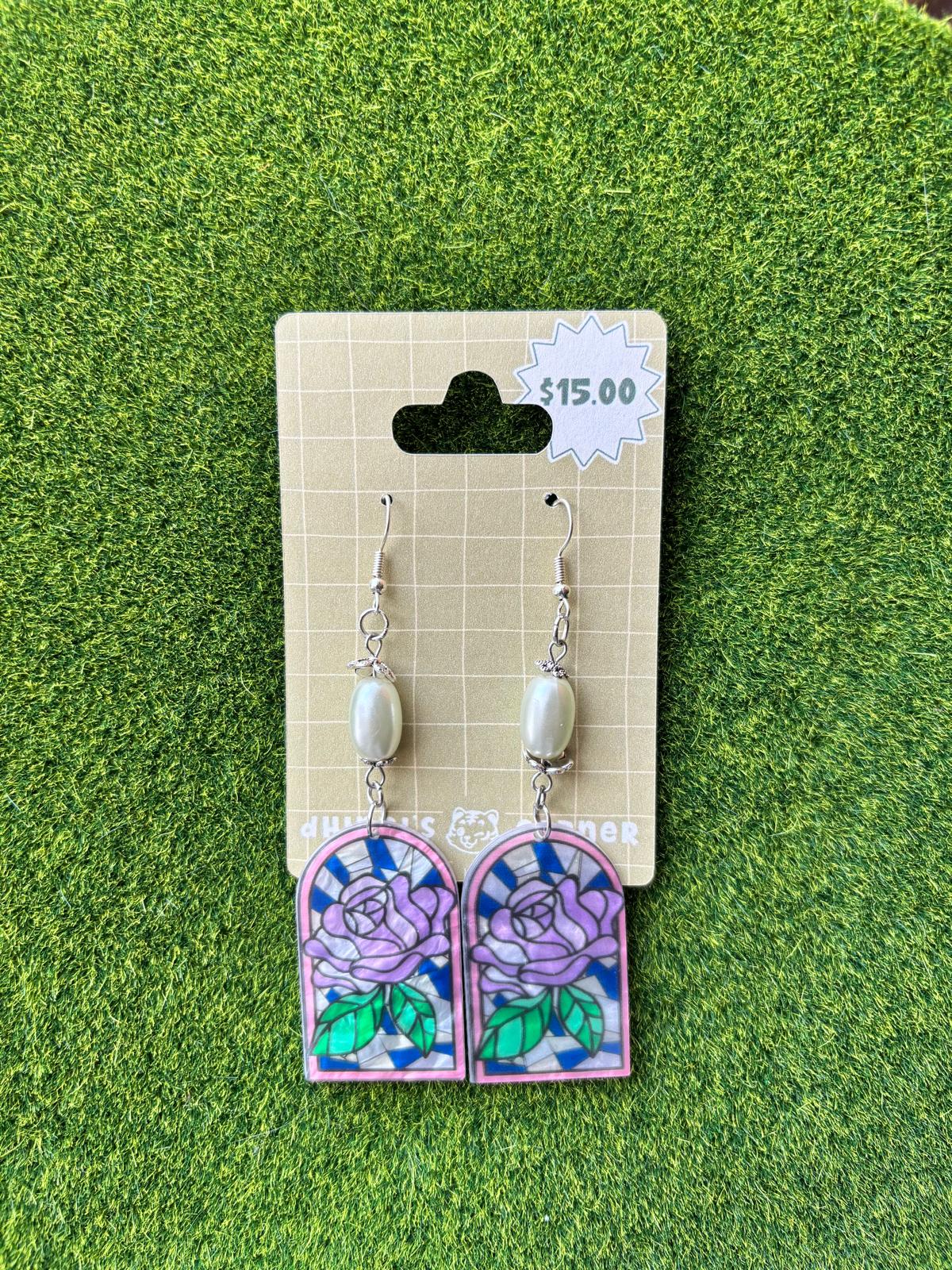 Stained Glass Rose Drop Earrings