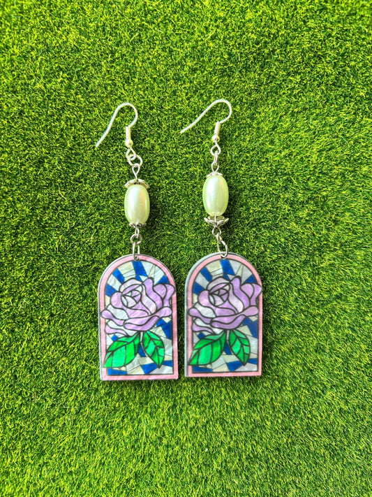 Stained Glass Rose Drop Earrings
